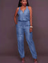 Elastic Waistband Bloomer-Style Zip-Front Sleeveless Denim Jumpsuit
