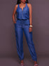 Elastic Waistband Bloomer-Style Zip-Front Sleeveless Denim Jumpsuit