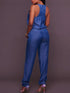 Elastic Waistband Bloomer-Style Zip-Front Sleeveless Denim Jumpsuit