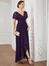 Elegant A-Line Evening Gown with Deep V Neck and Sheer Sleeves