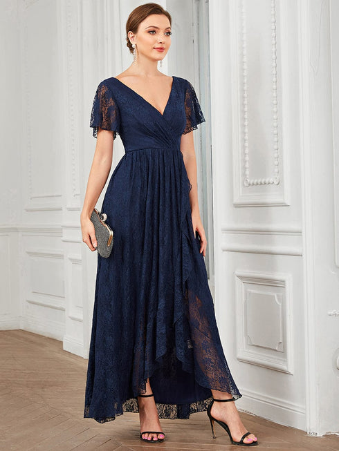 Elegant A-Line Evening Gown with Deep V Neck and Sheer Sleeves