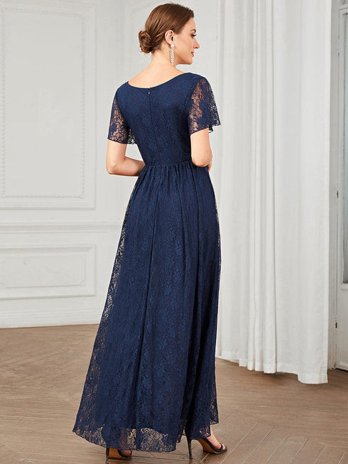Elegant A-Line Evening Gown with Deep V Neck and Sheer Sleeves