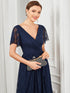 Elegant A-Line Evening Gown with Deep V Neck and Sheer Sleeves