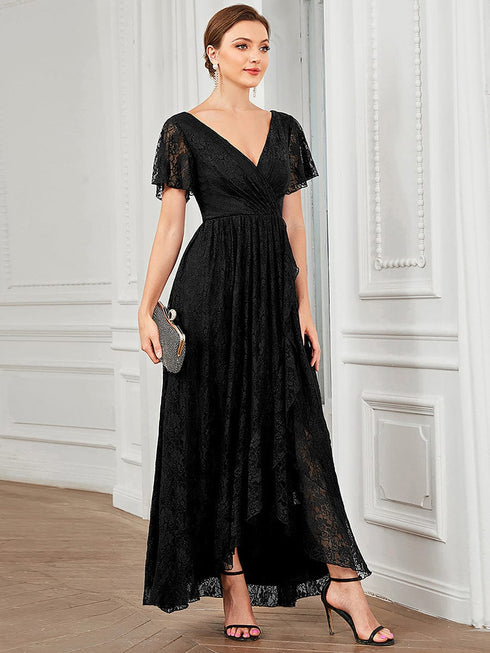 Elegant A-Line Evening Gown with Deep V Neck and Sheer Sleeves