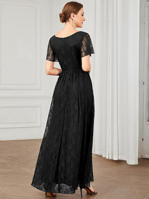 Elegant A-Line Evening Gown with Deep V Neck and Sheer Sleeves