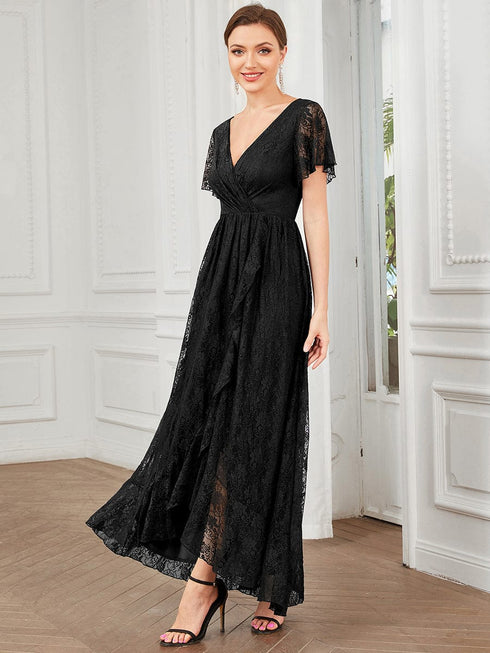 Elegant A-Line Evening Gown with Deep V Neck and Sheer Sleeves