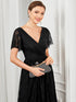 Elegant A-Line Evening Gown with Deep V Neck and Sheer Sleeves