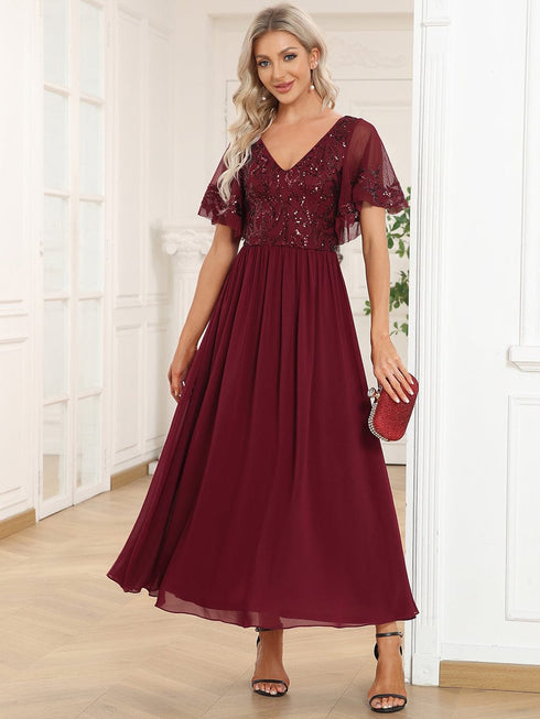 Elegant A-Line V Neck Mother of the Bride Dress with Short Ruffles Sleeves