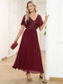 Elegant A-Line V Neck Mother of the Bride Dress with Short Ruffles Sleeves