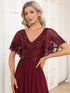 Elegant A-Line V Neck Mother of the Bride Dress with Short Ruffles Sleeves
