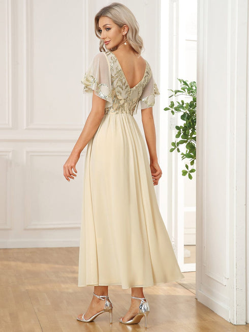 Elegant A-Line V Neck Mother of the Bride Dress with Short Ruffles Sleeves