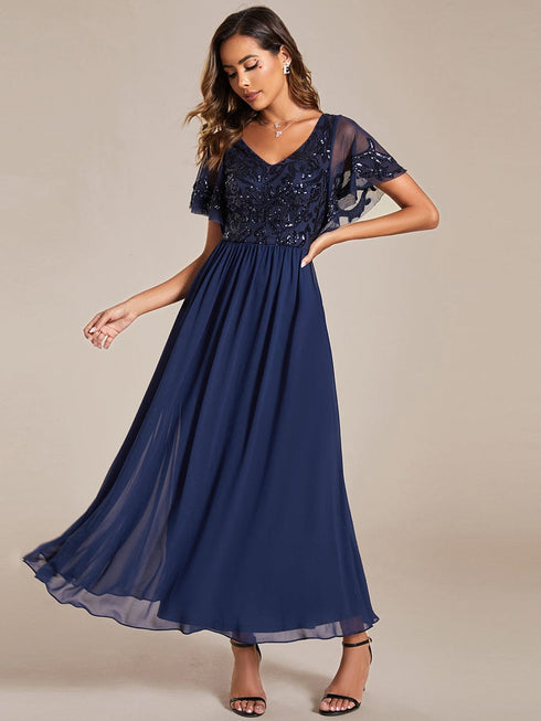 Elegant A-Line V Neck Mother of the Bride Dress with Short Ruffles Sleeves