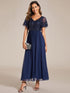 Elegant A-Line V Neck Mother of the Bride Dress with Short Ruffles Sleeves