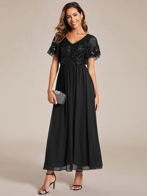 Elegant A-Line V Neck Mother of the Bride Dress with Short Ruffles Sleeves