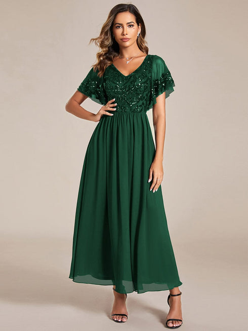 Elegant A-Line V Neck Mother of the Bride Dress with Short Ruffles Sleeves