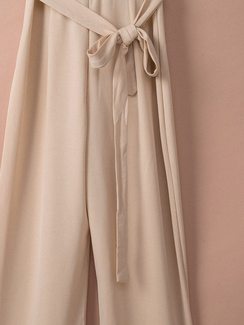 Elegant Apricot Wide Leg Jumpsuit with Knot Detail