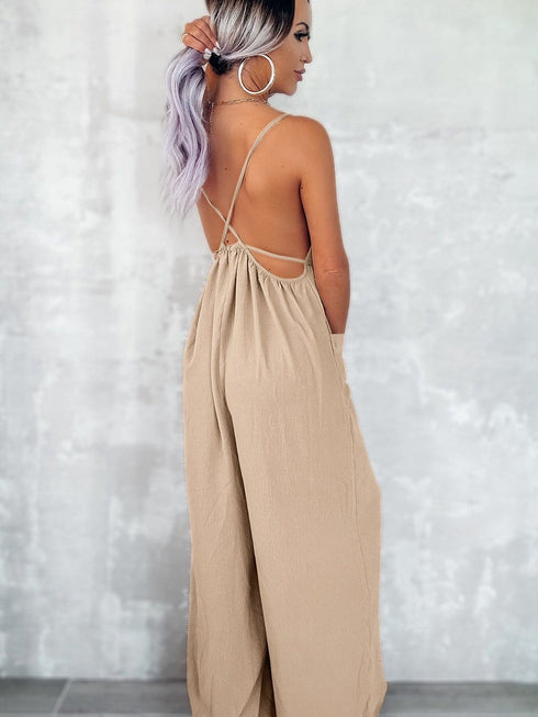 Elegant Apricot Wide Leg Jumpsuit with Spaghetti Straps and Waist Tie