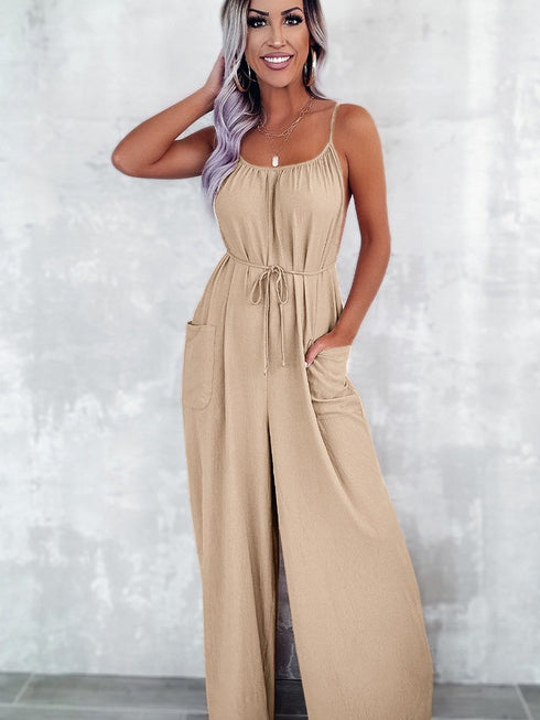 Elegant Apricot Wide Leg Jumpsuit with Spaghetti Straps and Waist Tie