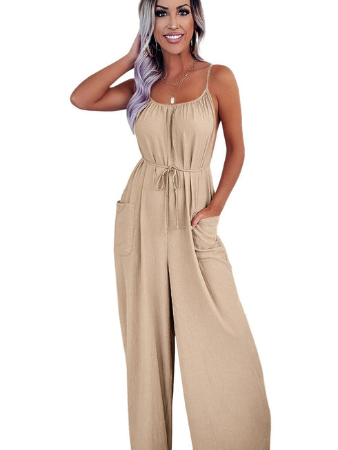Elegant Apricot Wide Leg Jumpsuit with Spaghetti Straps and Waist Tie