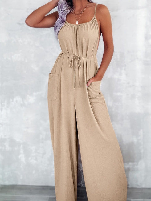 Elegant Apricot Wide Leg Jumpsuit with Spaghetti Straps and Waist Tie