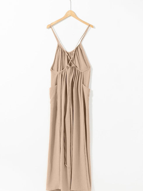 Elegant Apricot Wide Leg Jumpsuit with Spaghetti Straps and Waist Tie