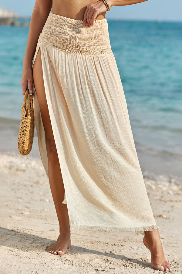 Women's Elegant Beige High-Waisted Shirred Split Skirt for Women - Flattering Beachwear with Stylish Flow and Comfortable Fit