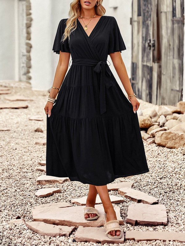 Elegant Belted Tea Length Dress with Short Sleeves