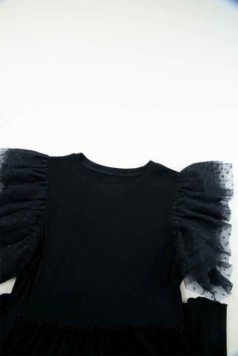 Black Dotty Mesh Ruffle Sleeve Ribbed Knit Babydoll Mini Dress