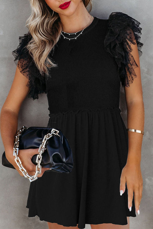 Black Dotty Mesh Ruffle Sleeve Ribbed Knit Babydoll Mini Dress