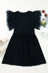 Black Dotty Mesh Ruffle Sleeve Ribbed Knit Babydoll Mini Dress