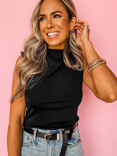 Elegant Black Mock Neck Sleeveless Top