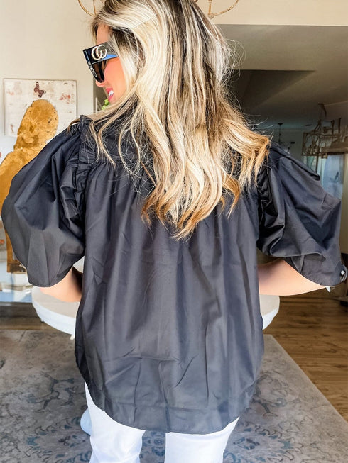 Elegant Black Puff Sleeve Cotton Blouse