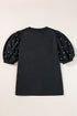 Elegant Black Rhinestone Pearl Embellished Puff Sleeve Blouse