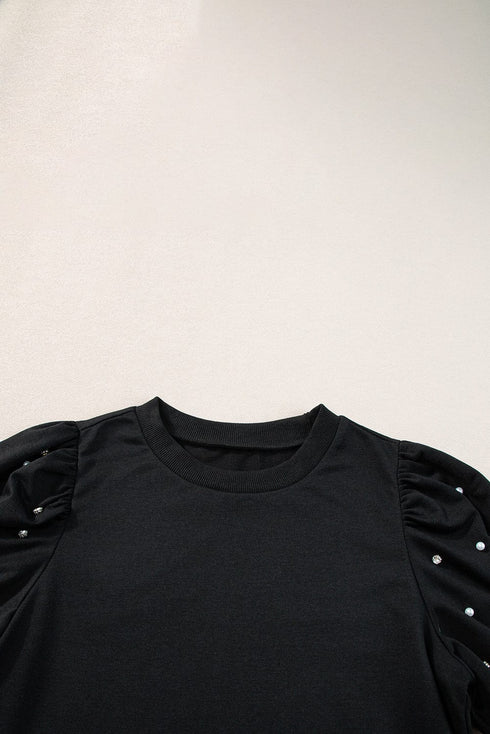 Elegant Black Rhinestone Pearl Embellished Puff Sleeve Blouse
