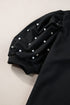 Elegant Black Rhinestone Pearl Embellished Puff Sleeve Blouse