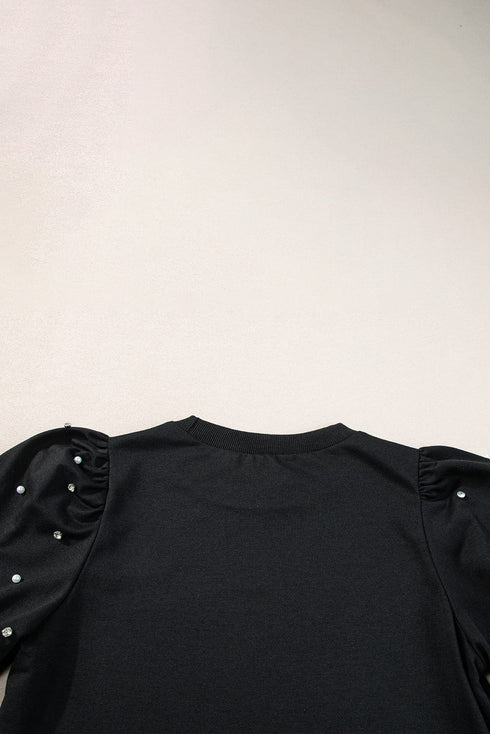Elegant Black Rhinestone Pearl Embellished Puff Sleeve Blouse