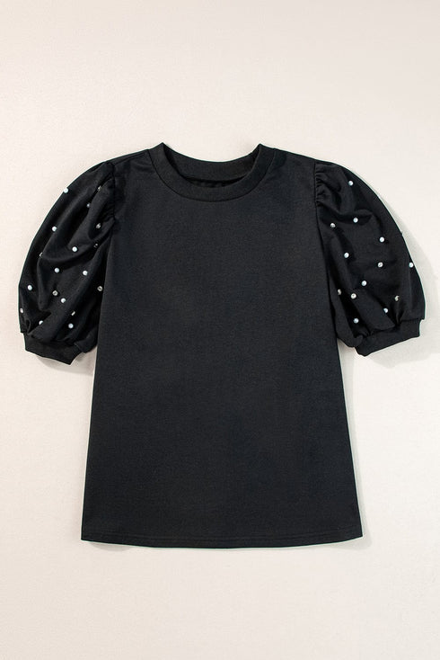 Elegant Black Rhinestone Pearl Embellished Puff Sleeve Blouse