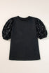 Elegant Black Rhinestone Pearl Embellished Puff Sleeve Blouse