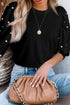 Elegant Black Rhinestone Pearl Embellished Puff Sleeve Blouse