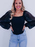 Elegant Black Sheer Lantern Sleeve Square Neck Blouse