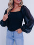 Elegant Black Sheer Lantern Sleeve Square Neck Blouse