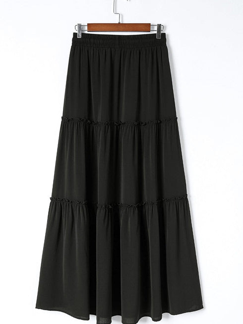 Elegant Black Tiered Maxi Skirt with Drawstring Waist