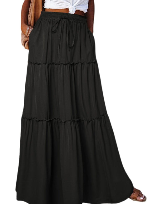 Elegant Black Tiered Maxi Skirt with Drawstring Waist