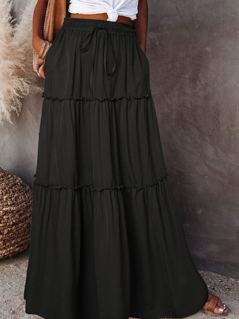 Elegant Black Tiered Maxi Skirt with Drawstring Waist