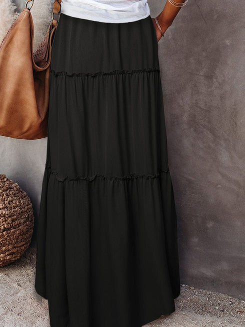 Elegant Black Tiered Maxi Skirt with Drawstring Waist
