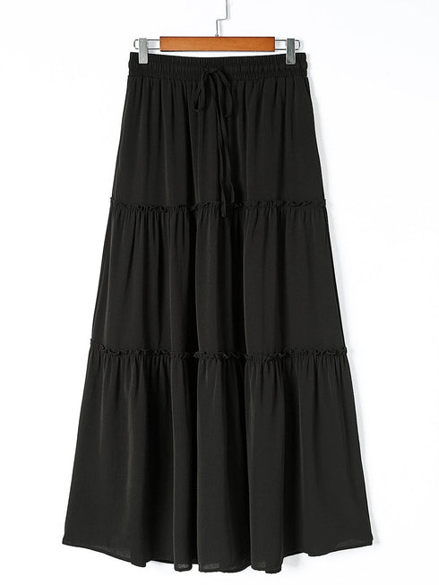 Elegant Black Tiered Maxi Skirt with Drawstring Waist