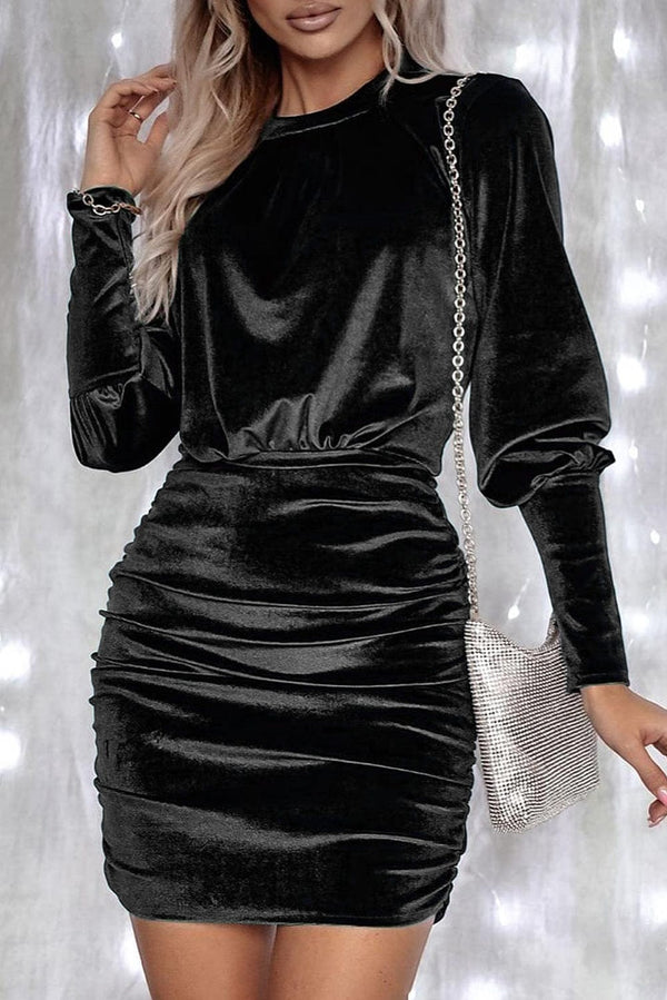 Elegant Black Velvet Puff-Sleeve Ruched Cocktail Dress