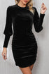 Elegant Black Velvet Puff-Sleeve Ruched Cocktail Dress