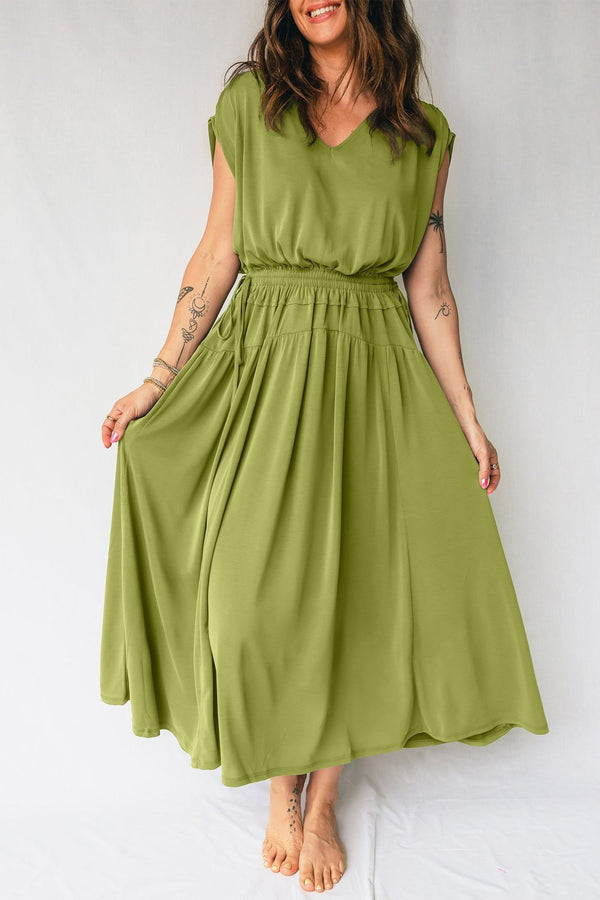 Women's Fern Green V-Neck Midi Dress with Adjustable Drawstring Waist