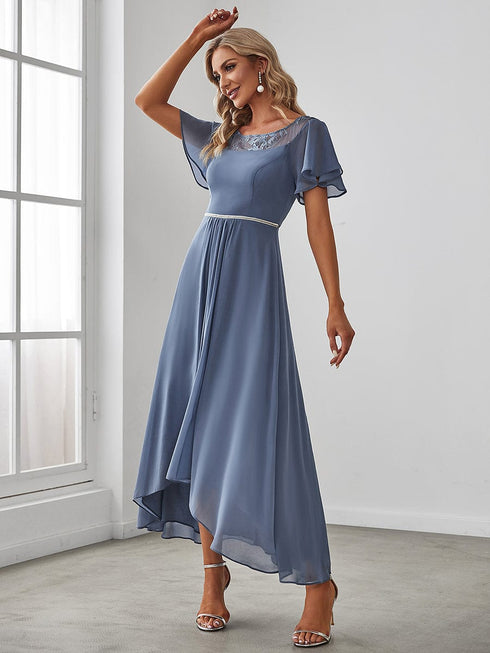 Elegant Boat Neck A-Line Midi Dress with Asymmetrical Hemlines